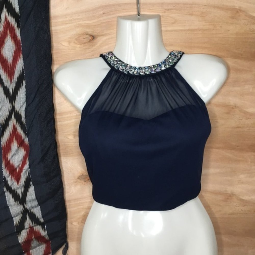 Embellished Navy Sweetheart Cutout Mesh Crop Top